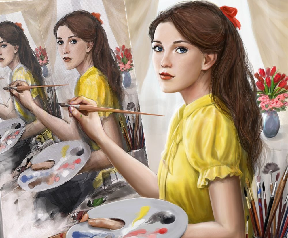 Обои для рабочего стола Девочка в желтом платье стоит с палитрой у мольберта и рисует сама себя