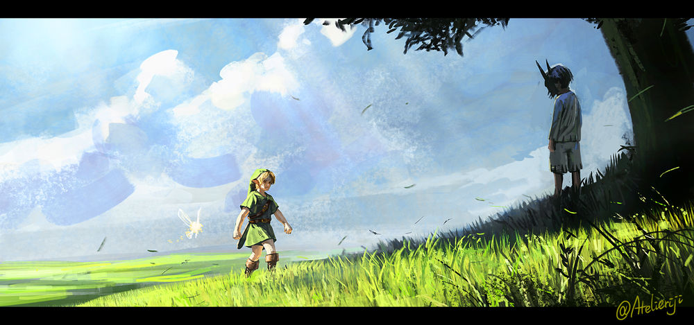Обои для рабочего стола Young Link / Link / Линк и Taya / Тая из игры Zelda no Densetsu / Zelda no Densetsu: Mujura noKamen, art by Atelieriji