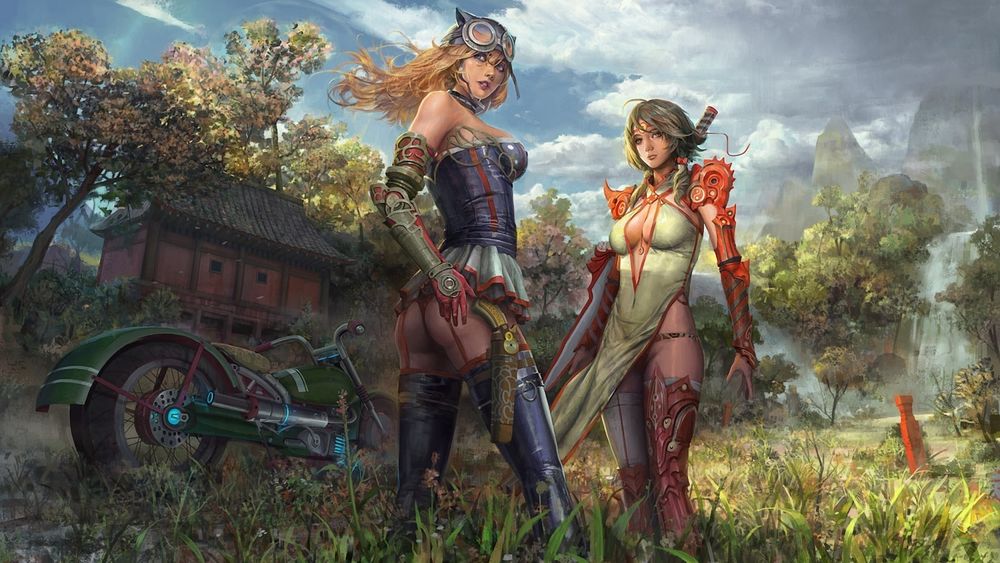 Обои для рабочего стола Две девушки в стиле Steam Punk с оружием стоят в траве, рядом мотоцикл и деревянный дом, на заднем плане водопад