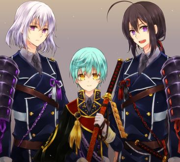 Обои на рабочий стол Ichigo Hitofuri / Ичиго Хитофури, Honebami Toushirou / Хонебами Тоуширо, Namazuo Toushirou / Намазуо Тоуширо, из игры Touken Ranbu, art by Momoiro