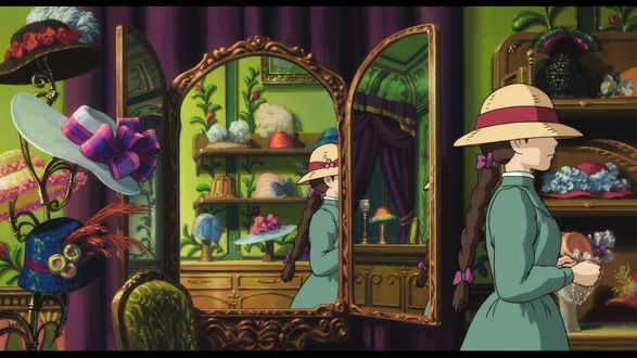 Обои на рабочий стол Sophie Hatter / Софи Хаттер в шляпной мастерской из аниме Howls Moving Castle / Ходячий замок Хаула, art by Hayao Miyazaki
