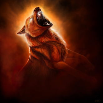 Обои на рабочий стол Воющий красный волк в сиянии, на темном фоне, by Art Roar