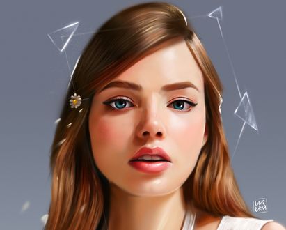 Обои на рабочий стол Портрет голубоглазой девушки с ромашкой в волосах, by Ya&;ar VURDEM