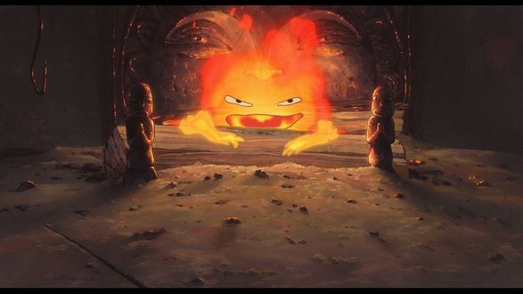 Обои на рабочий стол Calcifer сидит на дровах в очаге из аниме Howls Moving Castle / Ходячий замок Хаула, art by Hayao Miyazaki