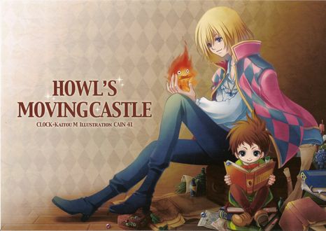 Обои на рабочий стол Howl / Хаул держит Calcifer в руках, Markl Fisher сидит рядом из аниме Howls Moving Castle / Ходячий замок Хаула, art by Cain 41