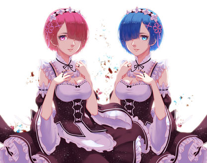 Обои на рабочий стол Rem / Рем и Ram / Рам, из аниме Re: Zero kara Hajimeru Isekai Seikatsu / Re: Жизнь с нуля в параллельном мире, art by Pixiv Id 12145962