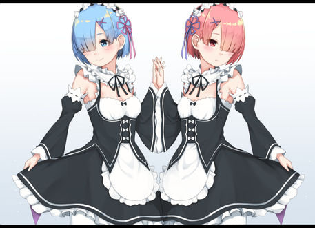 Обои на рабочий стол Rem / Рем и Ram / Рам, из аниме Re: Zero kara Hajimeru Isekai Seikatsu / Re: Жизнь с нуля в параллельном мире, art by Pixiv Id 3782925