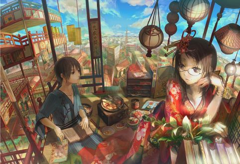 Обои на рабочий стол Девушка с парнем отдыхают на балконе, art by Fuzichoco