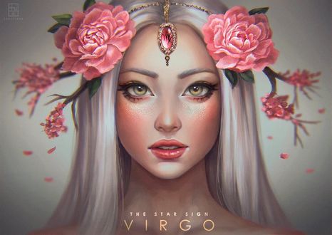 Обои на рабочий стол Девушка с розовыми цветами на голове, Virgo - The Star Signs / Дева - Звездные знаки, by serafleur