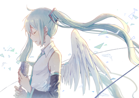 Обои на рабочий стол Vocaloid Hatsune Miku / Вокалоид Хатсунэ Мику c ангельскими крыльями за спиной стоит у микрофона, by 雨陌