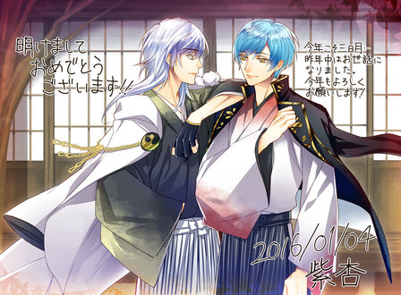 Обои на рабочий стол Ichigo Hitofuri / Ичиго Хитофури и Tsurumaru Kuninaga / Тсурумару Кунинага из игры Touken Ranbu, art by Pixiv Id 2714025