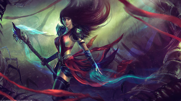 Обои на рабочий стол Девушка- воин с развевающимися волосами, арт по игре Guild Wars 2 Necromancer, by Eddy-Shinjuku