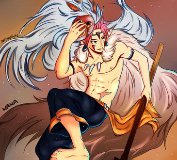Обои на рабочий стол Natsu Dragneel / Натцу Драгнил из аниме FAIRY TAIL / Фейри Тейл / Хвост феи в образе Сан / San из аниме Принцесса Мононокэ / Princess Mononoke, art by Nanashi