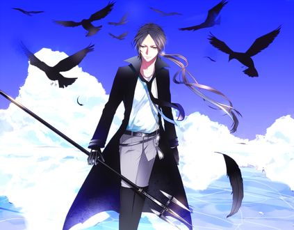 Обои на рабочий стол Rokudou Mukuro / Рокудо Мукуро с тризубцем на фоне облаков и черных птиц из аниме Katekyo Hitman REBORN / Репетитор Киллер Реборн