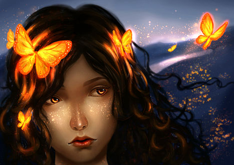 Обои на рабочий стол У девушки на волосах сидят золотые бабочки, by b1tterRabbit