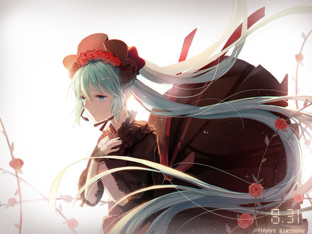 Обои на рабочий стол Vocaloid Hatsune Miki / Вокалоид Хатсуне Мику, art by Pixiv Id 17777914 (31. 08, Happy birthday / С днем рождения)