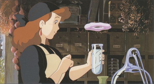 Обои на рабочий стол Kokiri Okino проводит магические эксперементы из аниме Kikis Delivery Service / Ведьмина служба доставки, art by Hayao Miyazaki