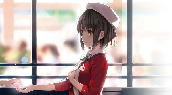 Обои на рабочий стол Katou Megumi / Мэгуми Като в белом берете стоит у окна из аниме Saenai Heroine no Sodatekata / Как воспитать из обычной девушки героиню, art by Misaki Kurehito