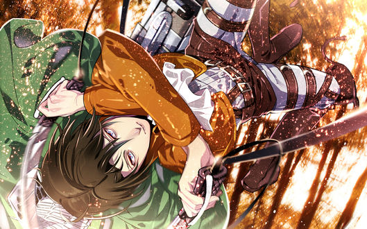 Обои на рабочий стол Леви Райвель / Levi Rivaille во время сражения из аниме Атака Титана / Attack on Titan / Shingeki no Kyojin