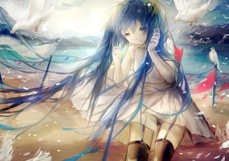 Обои на рабочий стол Vocaloid Hatsune Miki / Вокалоид Хатсуне Мику на берегу моря, art by SAyuki