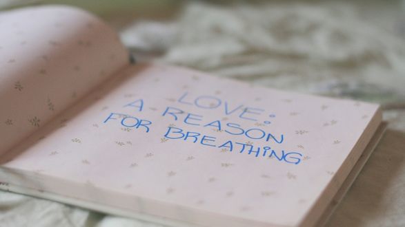 Обои на рабочий стол Раскрытый блокнот с записью Love: A reason for breathing