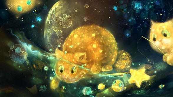 Обои на рабочий стол Лунные коты ловят рыбок, by smokepaint