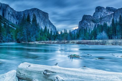 Обои на рабочий стол Горы и сосны на берегу реки, Yosemite National Park / Национальный парк Йосемити, California / Калифорния