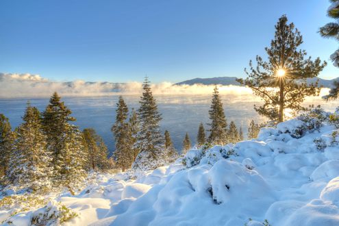 Обои на рабочий стол Озеро Tahoe / Тахо, покрытое туманом, на берегу которого расположены заснеженные холмы и деревья, California / Калифорния