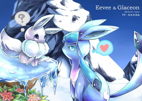Обои на рабочий стол Eevee / Иви и Glaceon / Гласеон из аниме Pokemon / Покемон, art by Pixiv Id 9966564