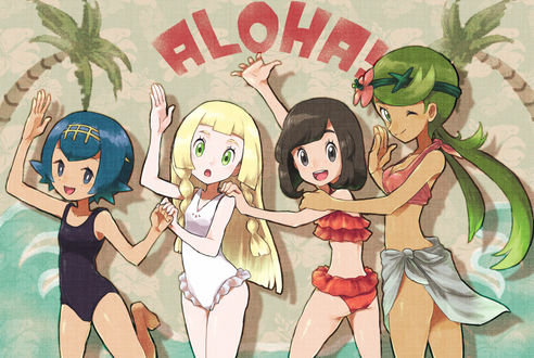 Обои на рабочий стол Female Protagonist / Девушка Протагонист, Lillie / Лилли, Mao / Мао, Suiren / Суйрен, из аниме Pokemon / Покемон, art by Pixiv Id 19832999 (ALOHA!)