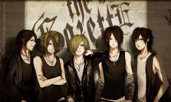 Обои на рабочий стол Руки / Ruki, Рэйта / Reita, Аой / Aoi, Уруха / Uruha и Кай / Kai участники j-Rock группы The Gazette