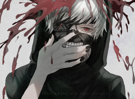 Обои на рабочий стол Ken Kaneki / Кен Канеки из аниме Tokyo Ghoul / Токийский Гуль, art by Curry Gohan