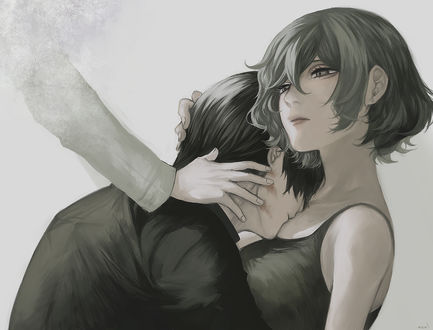 Обои на рабочий стол Ken Kaneki / Кен Канеки и Kirishima Touka / Киришима Тока из аниме Tokyo Ghoul / Токийский Гуль, art by Curry Gohan