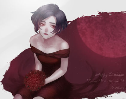Обои на рабочий стол Kanae von Rosewald / Канаэ фон Розвальд с букетом цветов из аниме Tokyo Ghoul / Токийский Гуль, art by Curry Gohan (Happy Birthday / С днем рождения Kanae von Rosewald, 23. 04. 16)