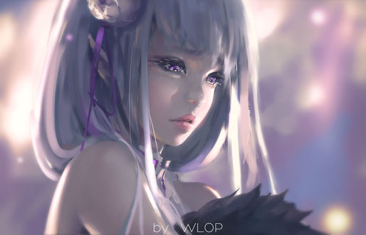 Обои на рабочий стол Emilia / Эмилия из аниме Re: Life in a different world from zero / ReZero / Жизнь в альтернативном мире с нуля, by Wlop