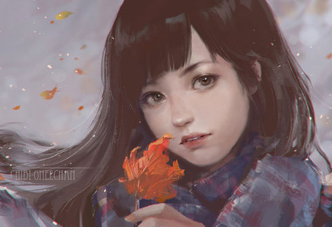 Обои на рабочий стол Девушка держит в руке кленовый лист, by chibi-oneechan