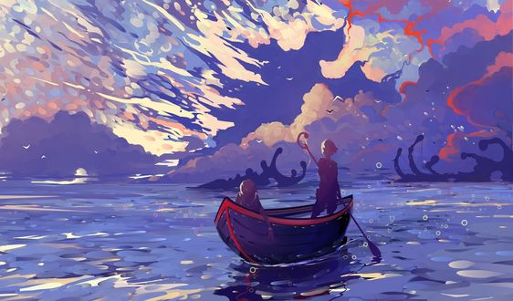 Обои на рабочий стол Парень с девушкой в лодке на фоне облачного неба, by Hangmoon Alexander Komarov