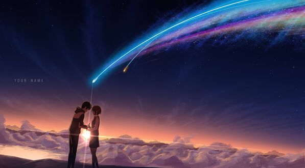 Обои на рабочий стол Таки Тачибана / Taki Tachibana и Мицуха Миямизу / Mitsuha Miyamizu из аниме Твое имя / Kimi no Na wa / Your Name держатся за руки, стоя на фоне светящейся звезды, by MasaBodo
