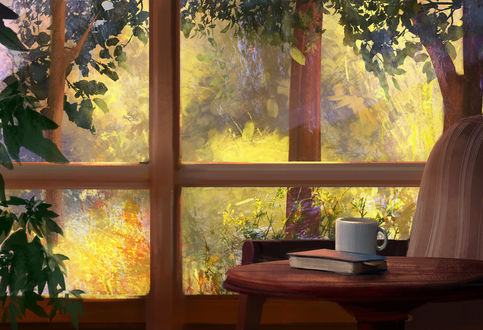 Обои на рабочий стол Чашка и книга на столе, стояшим перед окном, by Mandy Jurgens