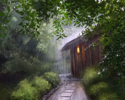 Обои на рабочий стол Дорога ведет к деревянному домику под дождем, by Mandy Jurgens