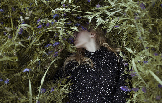 Обои на рабочий стол Девушка лежит в траве с полевыми цветами, фотограф Alexandra Bochkareva