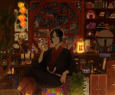 Обои на рабочий стол Хозуки / Hoozuki сидит в комнате у окна с игрушкой в руке, аниме Хладнокровный Хозуки / Hoozuki no Reitetsu, art by Natsumi Eguchi