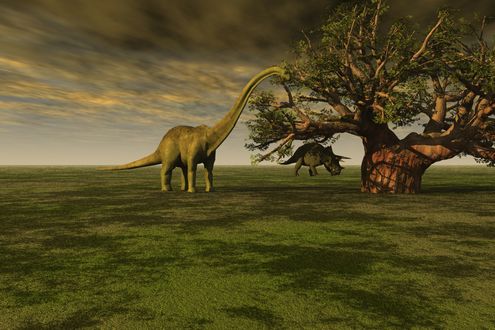 Обои на рабочий стол Доисторические животные на поле под большим деревом, by David Mark