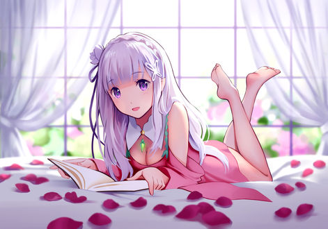 Обои на рабочий стол Эмилия / Emilia с книгой на кровате в окружении лепестков, из аниме Re: Жизнь в альтернативном мире с нуля / Re:Zero kara Hajimeru Isekai Seikatsu, art by Pixiv Id 10487224
