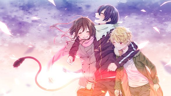 Обои на рабочий стол Iki Hiyori / Ики Хиери, Yato / Ято и Yukine / Юкине из аниме Noragami / Норагами / Бездомный Бог, art by Pixiv Id 2946956