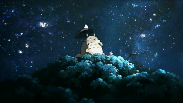 Обои на рабочий стол Totoro / Тоторо и Chibi Totoro / Маленький Тоторо из аниме Мой сосед Тоторо / My Neighbor Totoro пьют чай на макушке дерева