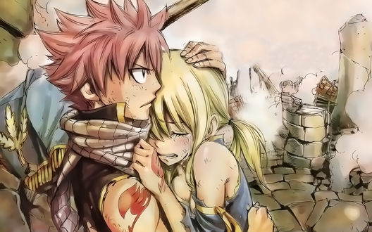 Обои на рабочий стол Нацу Драгнил / Natsu Dragneel и Люси Хартфилия / Lucy Heartfilia из аниме Сказка о Хвосте феи / Fairy Tail, by flyloki