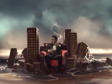 Обои на рабочий стол Мужчина с бокалом в руке, сигаретой во рту, сидит на кресле посреди разрушенных домов, by Aquasixio - Cyril ROLANDO