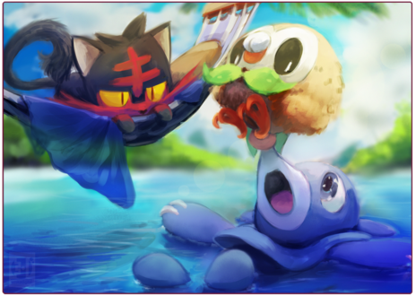 Обои на рабочий стол Popplio / Попплио, Litten / Литтен и Rowlet / Роулет из игры Pokemon / Покемон, by 3-i