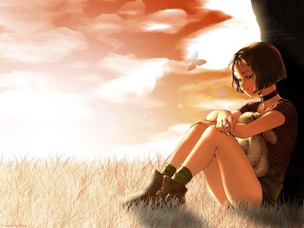 Обои на рабочий стол Матильда с игрушкой сидит у дерева, by kristine9210